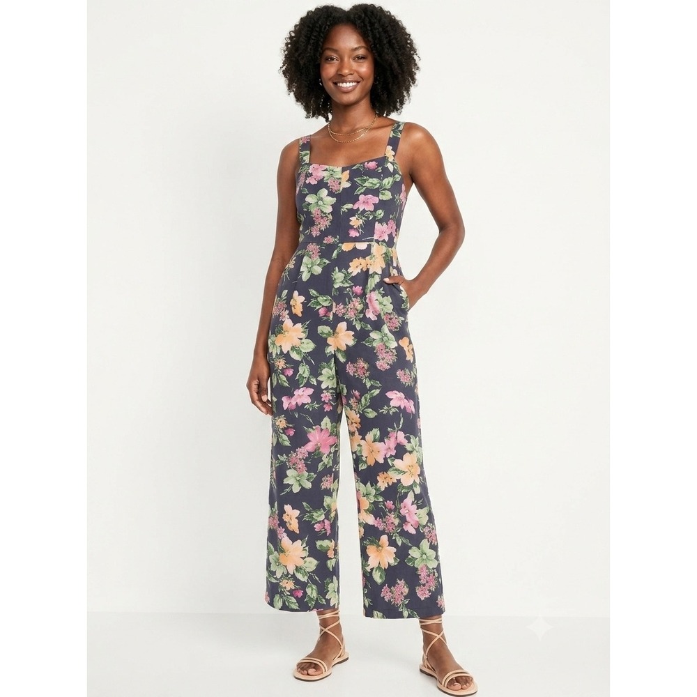 Floral Linen Blend Wide Leg Jumpsuit L Festival Vacation Resort Eurotrip Cruise